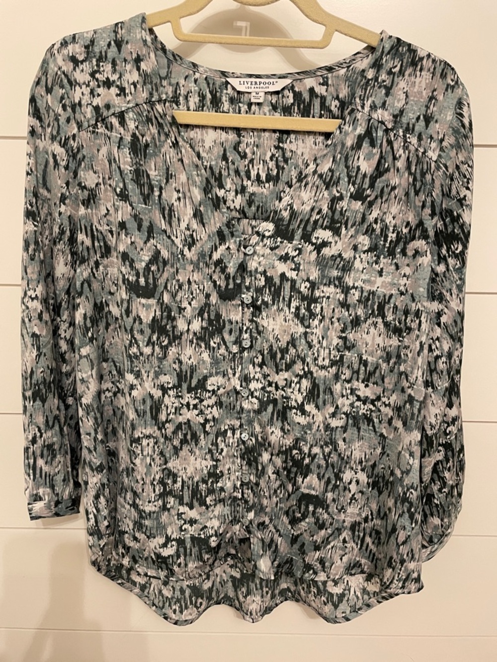 Liverpool Green and Black Abstract Button-Down Blouse